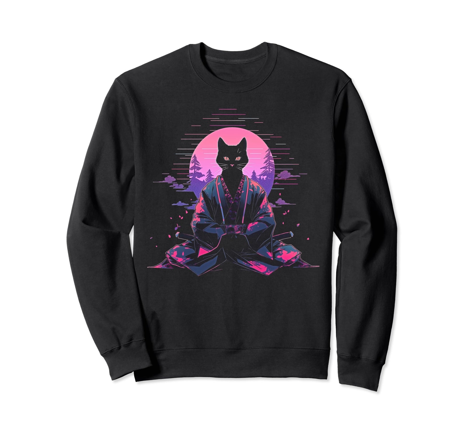 Synthwave Cat Samurai Mediation Sweatshirt - Streetwear Style for Adults - T-Shirt, Sweatshirt, Hoodie
