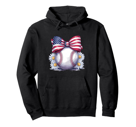 American Baseball Coquette Bow Hoodie - Fun Novelty Design for Adults - T-Shirt, Sweatshirt, Hoodie