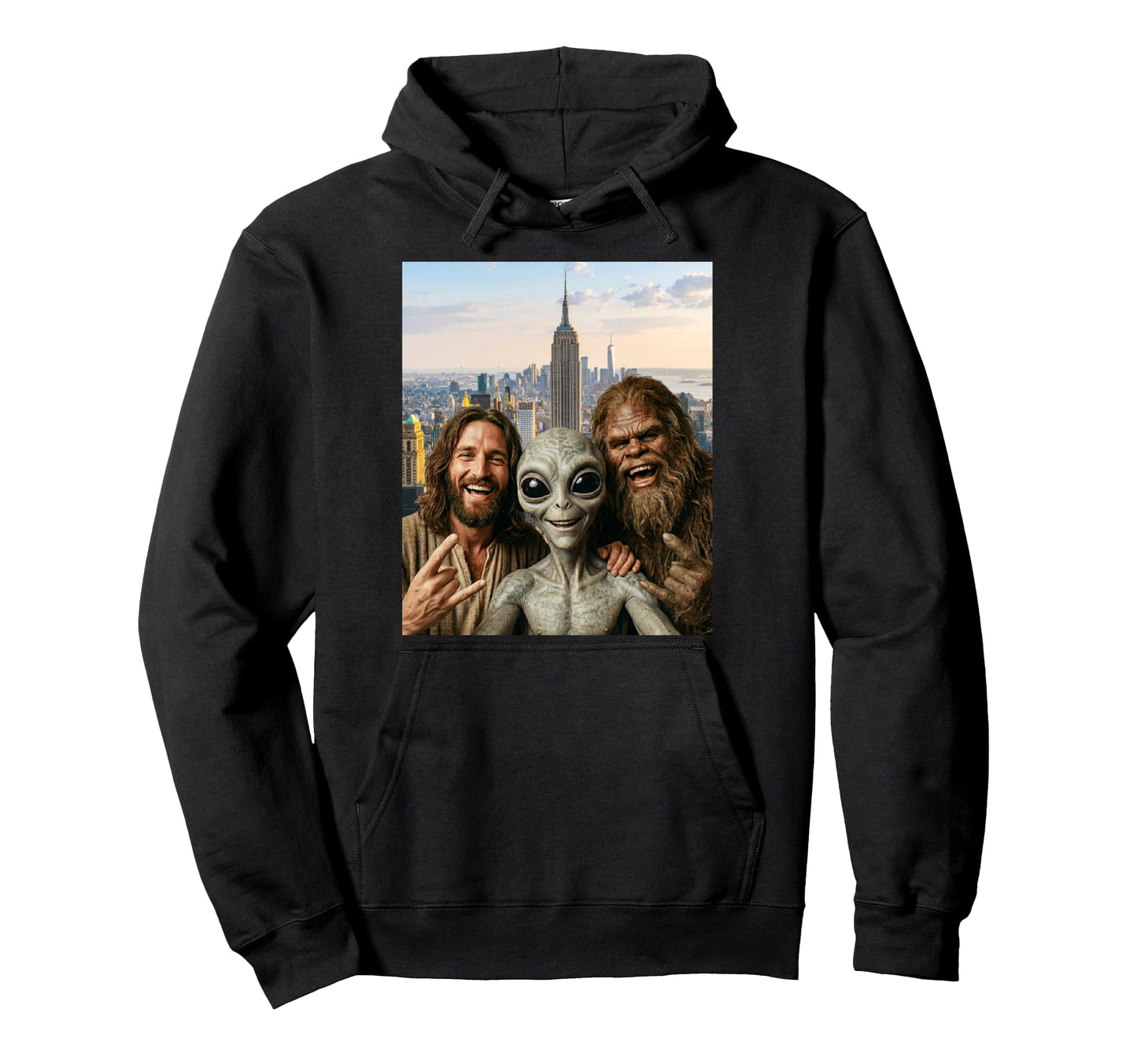 Funny Bigfoot Alien Jesus Rock Hand Sign Hoodie - Minimalist Print Unisex - T-Shirt, Sweatshirt, Hoodie