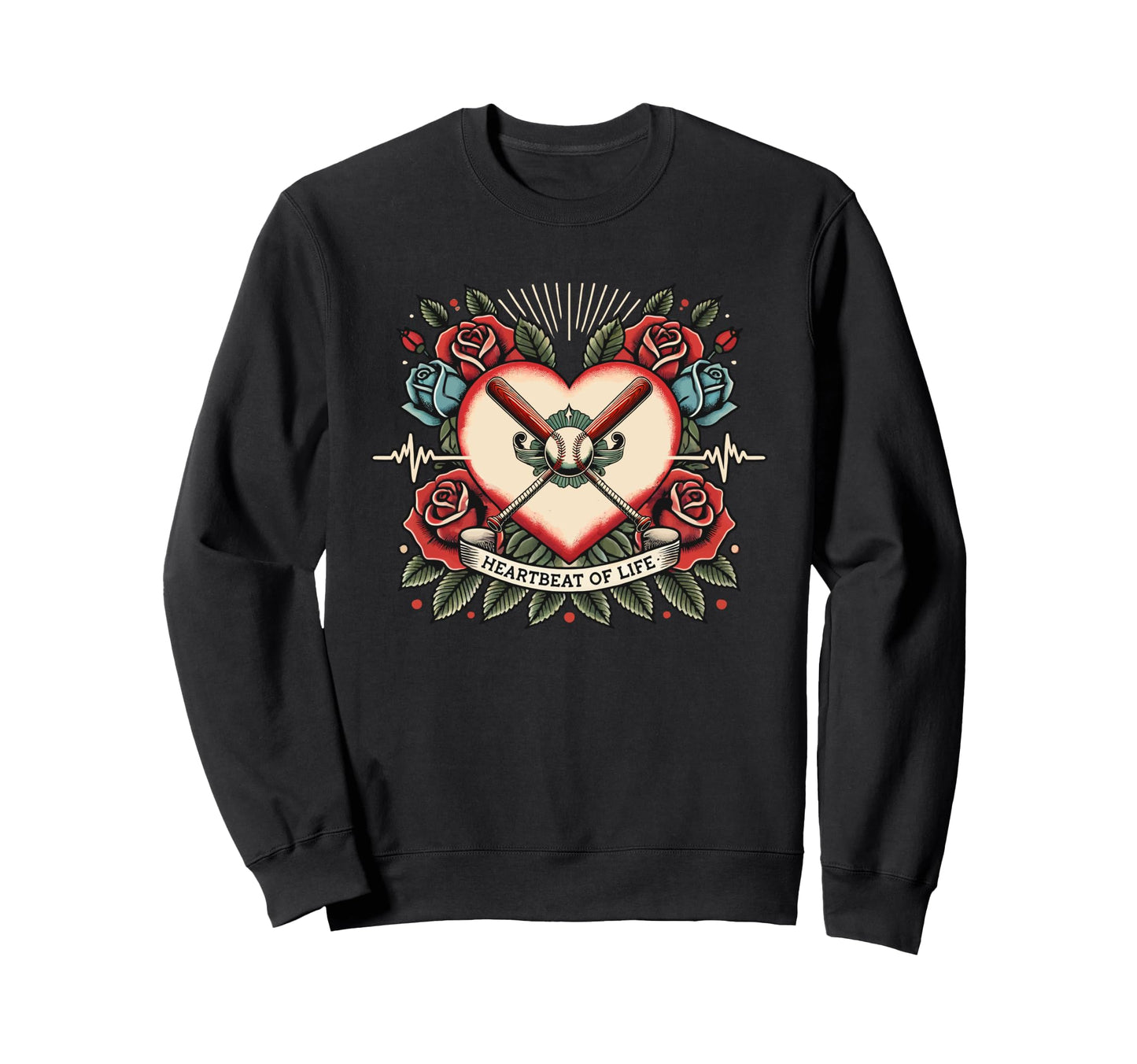 Baseball Heartbeat Tattoo Roses Sweatshirt - Novelty Apparel Men Women - T-Shirt, Sweatshirt, Hoodie