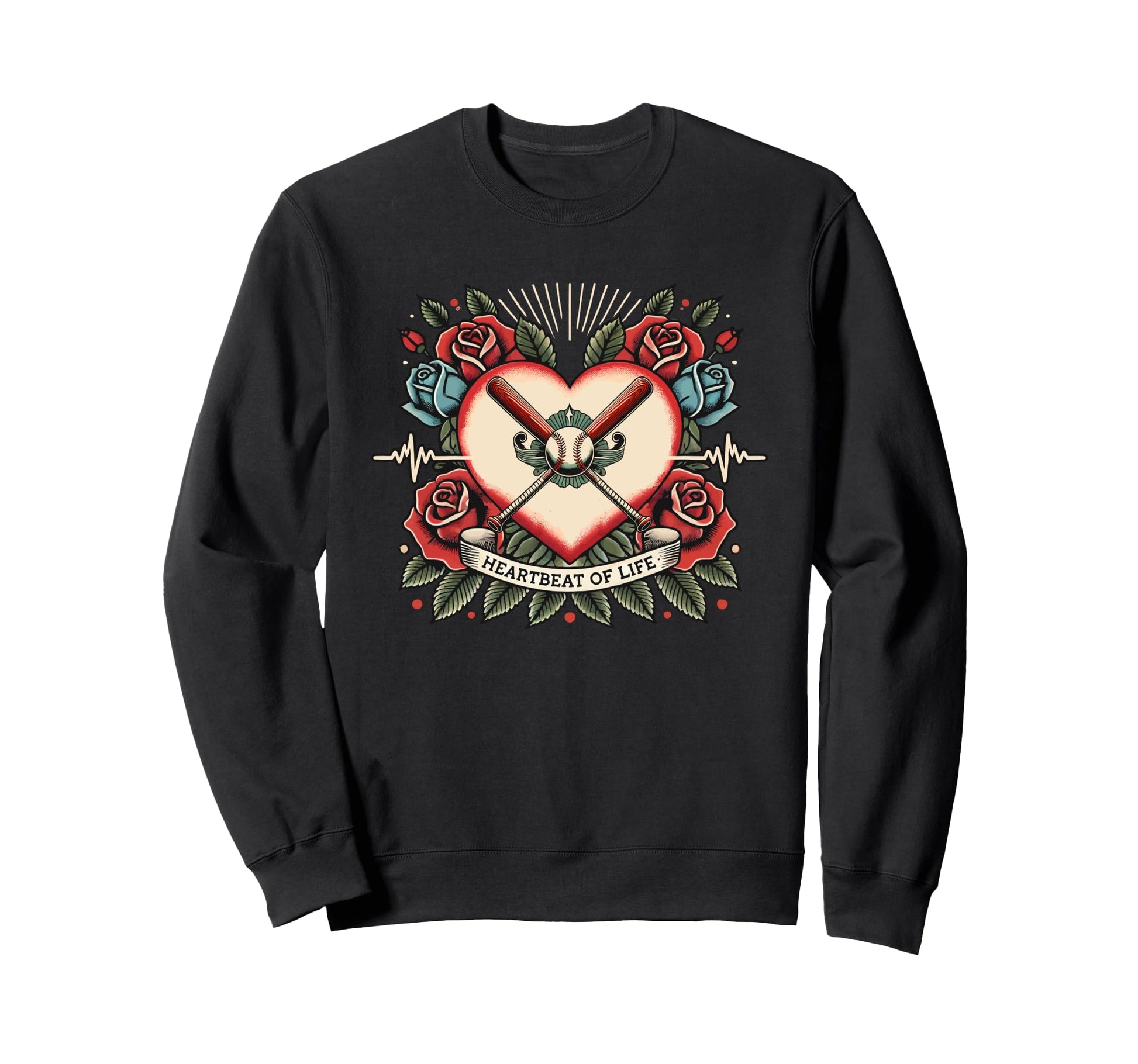 Baseball Heartbeat Tattoo Roses Sweatshirt - Novelty Apparel Men Women - T-Shirt, Sweatshirt, Hoodie