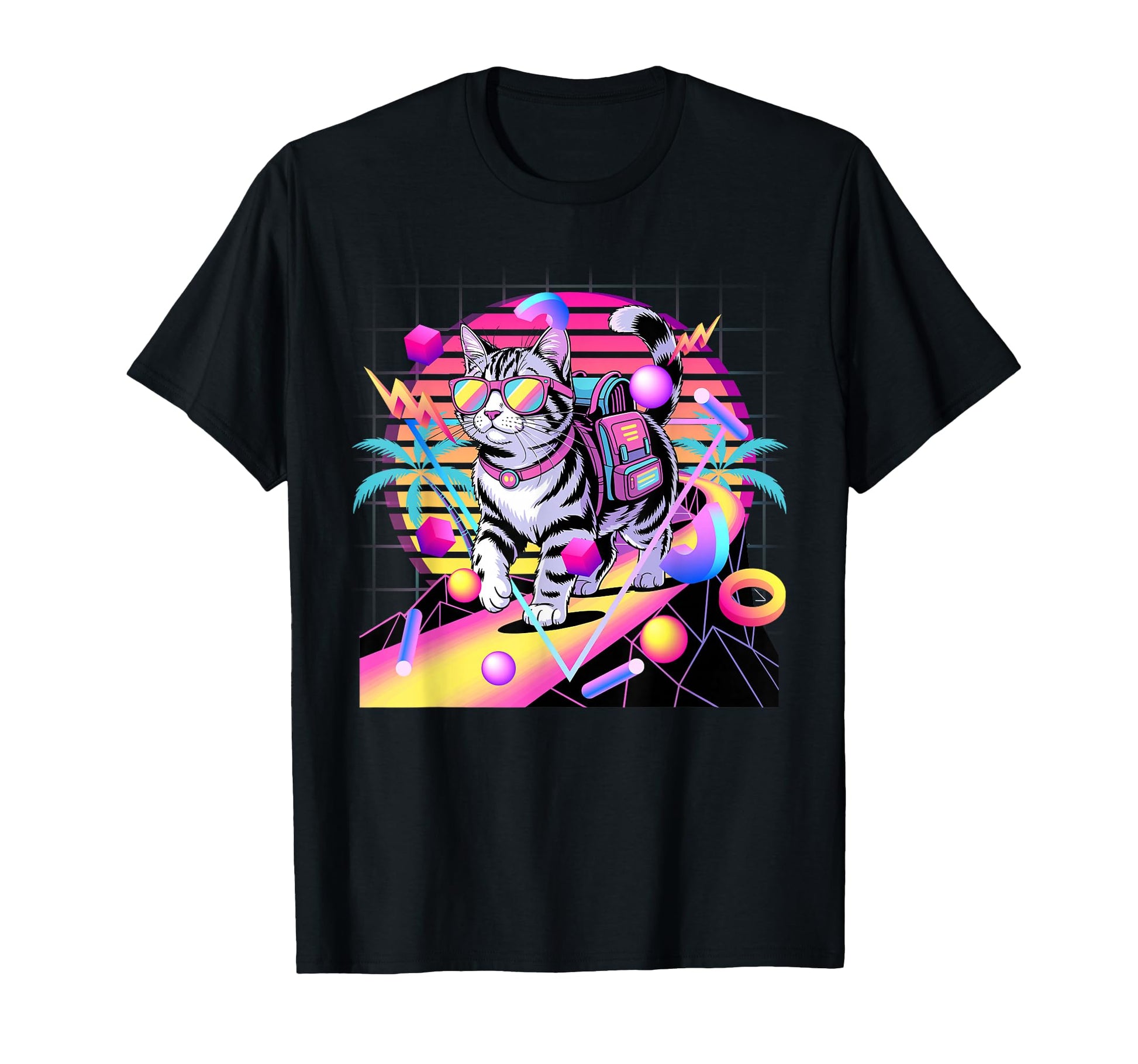 Cat Synthwave 80S Aesthetic Sunglasses T-Shirt - Trendy Graphic Unisex - T-Shirt, Sweatshirt, Hoodie