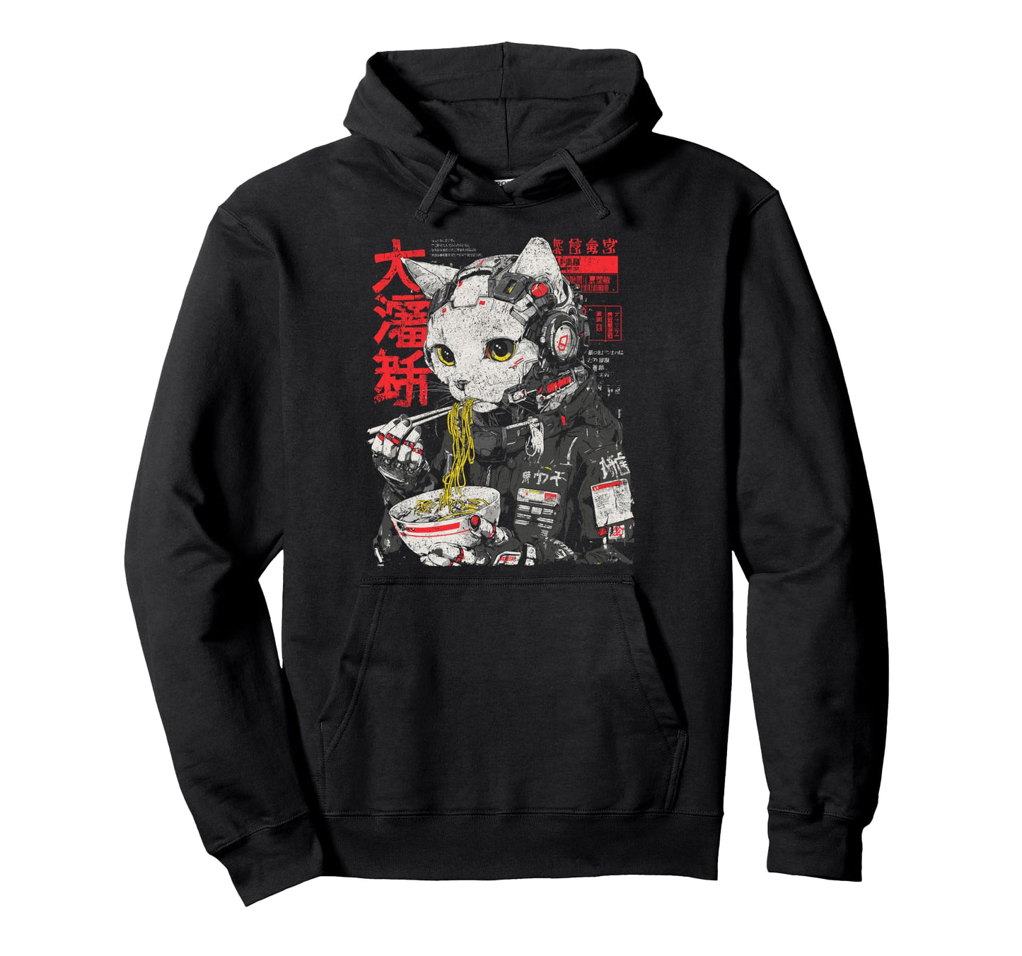 Japanese Streetwear Cat Eats Ramen Hoodie - Streetwear Style Men Women - T-Shirt, Sweatshirt, Hoodie