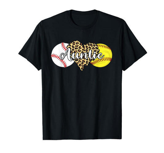 Auntie Baseball Softball Leopard Heart T-Shirt - Trendy Graphic Unisex - T-Shirt, Sweatshirt, Hoodie