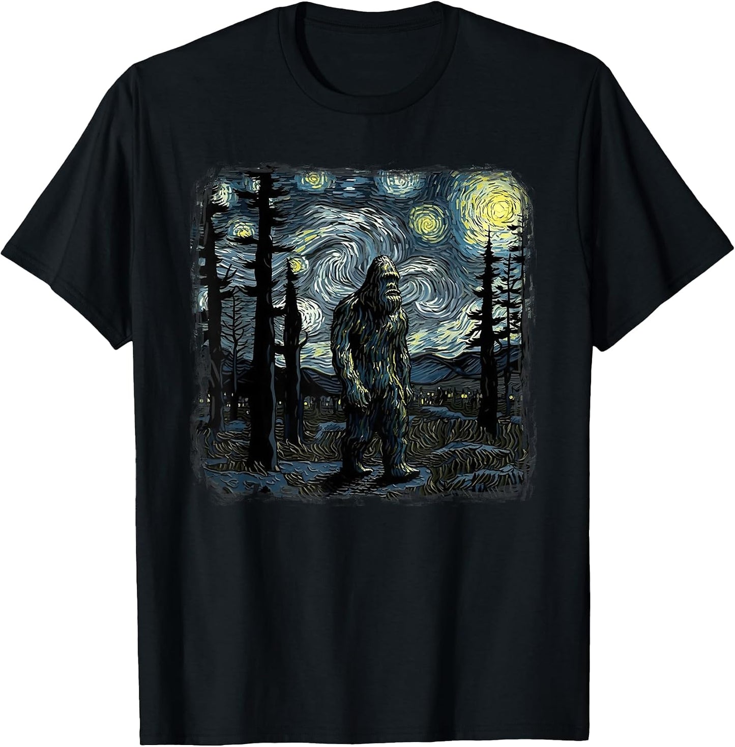 Bigfoot Starry Night Sasquatch Van Gogh Sky Painting - Adult & Kids T-Shirts, Sweatshirts & Hoodies apparel design preview 1