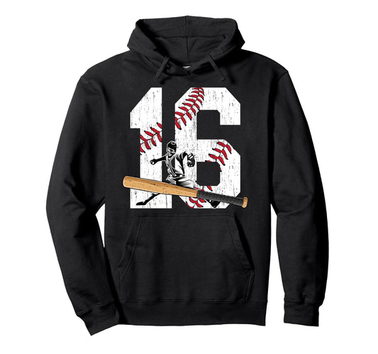16Th Birthday Baseball Sixteen Year Hoodie - Novelty Apparel for Adults - T-Shirt, Sweatshirt, Hoodie