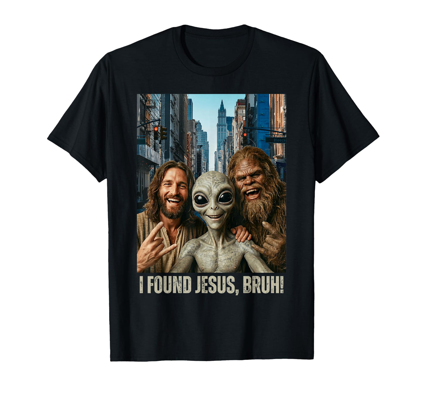 Bruh Bigfoot Alien Jesus Rock Hand Sign T-Shirt - Graphic Print Men Women - T-Shirt, Sweatshirt, Hoodie
