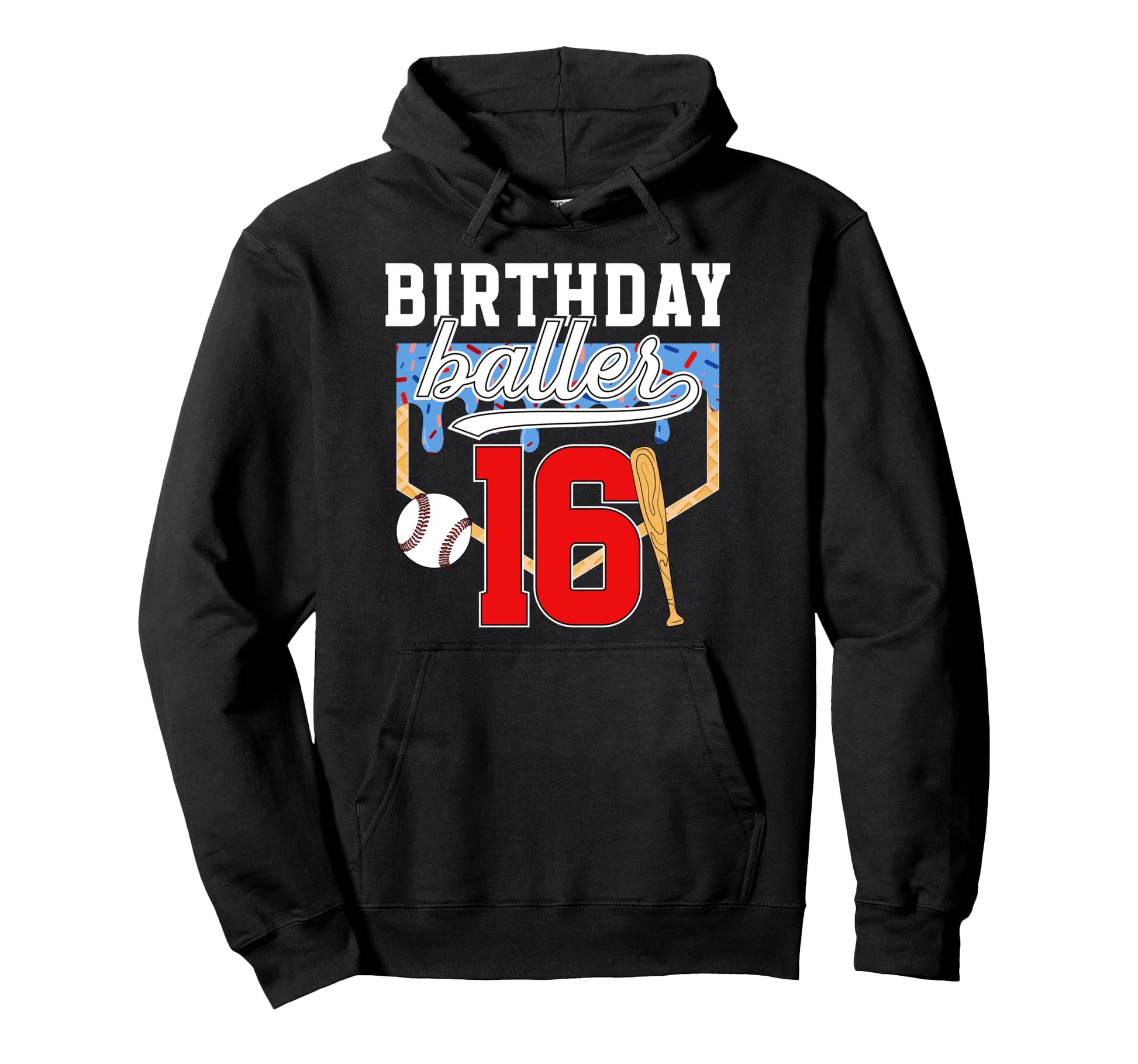 16Th Baseball Birthday 16 Year Old Hoodie - Unique Graphic for Adults - T-Shirt, Sweatshirt, Hoodie