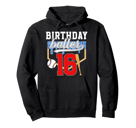16Th Baseball Birthday 16 Year Old Hoodie - Unique Graphic for Adults - T-Shirt, Sweatshirt, Hoodie