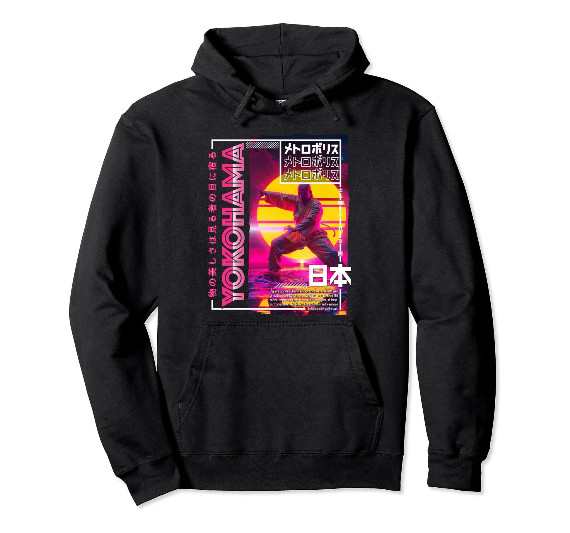 Yokohama City 80S Synthwave Shaolin Japan Hoodie - Unique Graphic Unisex - T-Shirt, Sweatshirt, Hoodie