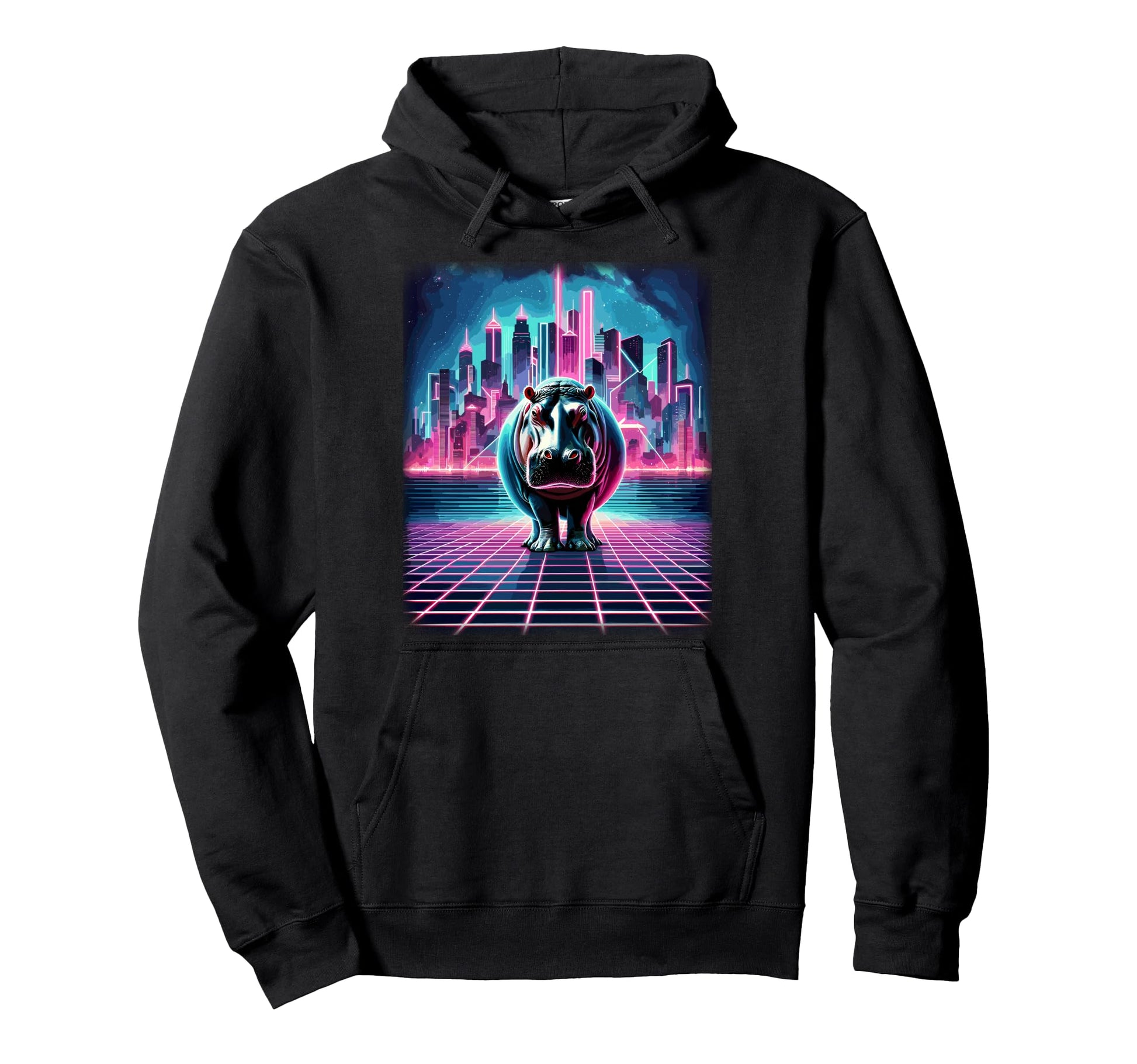 Synthwave Aesthetic Hippopotamus Lover Hoodie - Unique Graphic for Adults - T-Shirt, Sweatshirt, Hoodie