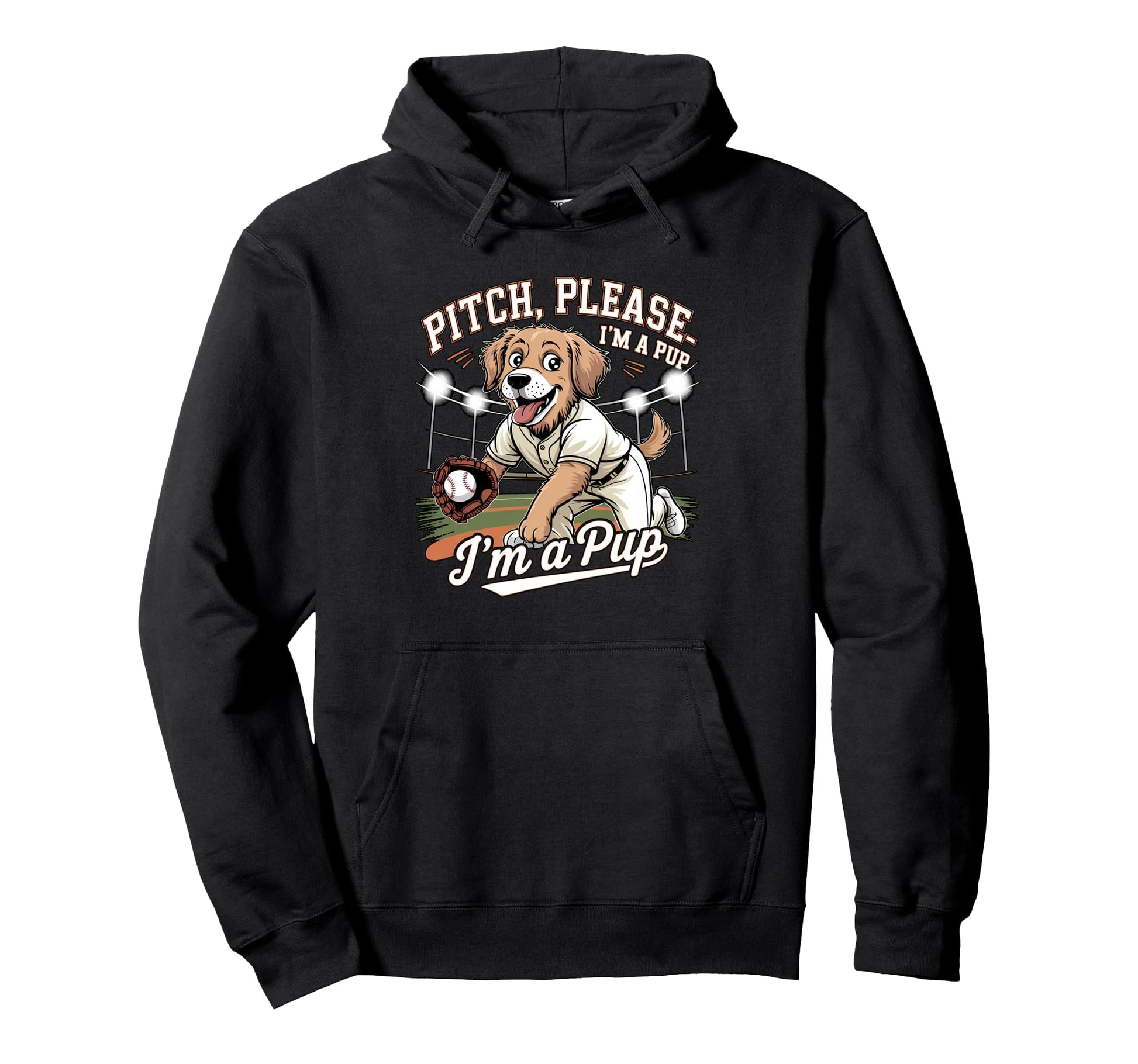 Pitch Please Pup Funny Baseball Dog Hoodie - Streetwear Style for Adults - T-Shirt, Sweatshirt, Hoodie