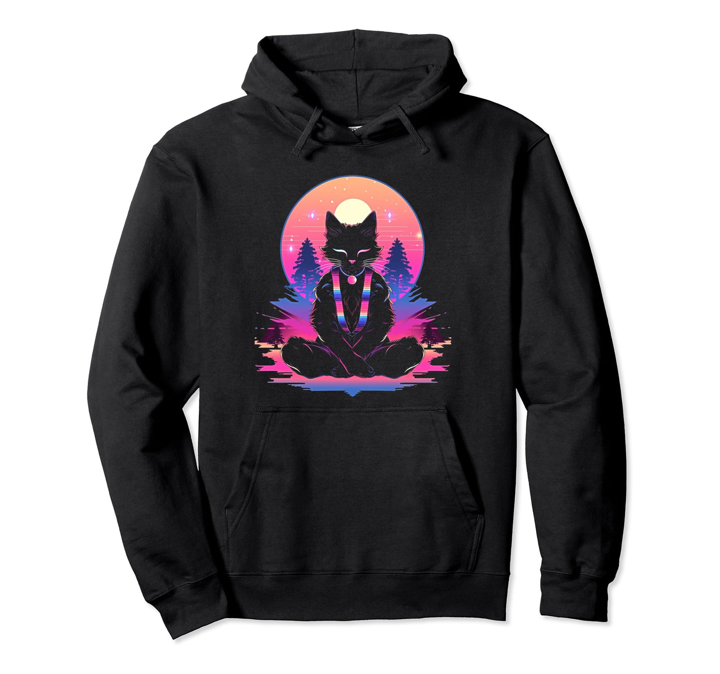 Synthwave Cat Samurai Mediation Hoodie - Novelty Apparel Men Women - T-Shirt, Sweatshirt, Hoodie