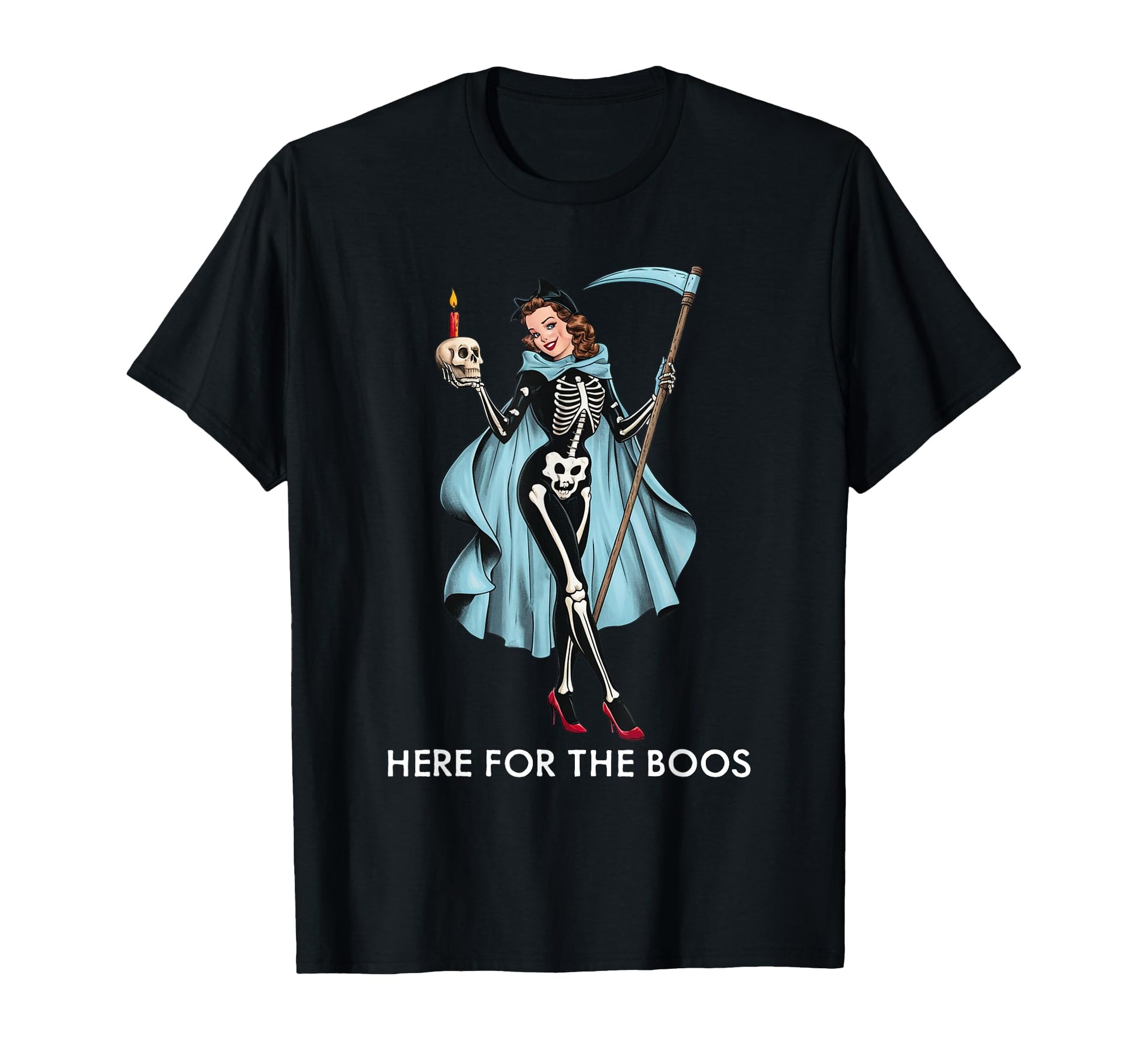 Here Boos Funny Halloween Pinup T-Shirt - Trendy Graphic for Adults - T-Shirt, Sweatshirt, Hoodie