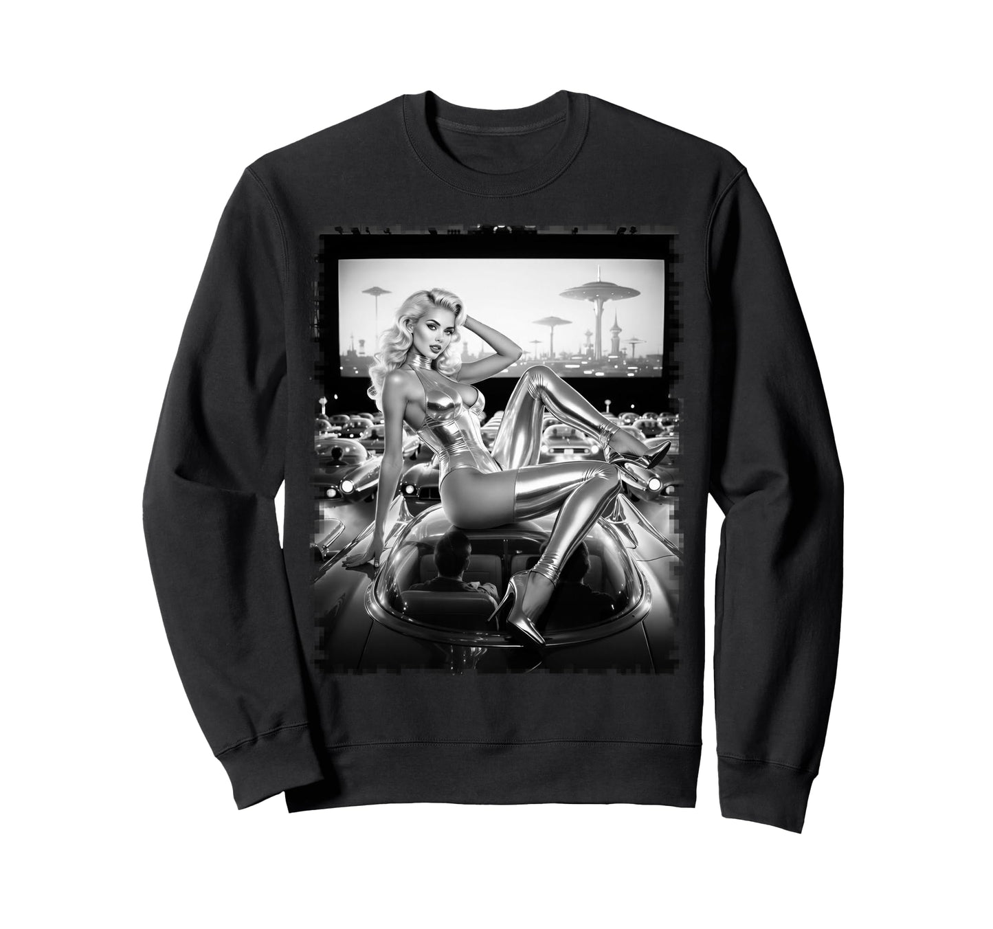 Hot Blonde Bombshell Atomic Pinup Bw Sweatshirt - Graphic Print for Adults - T-Shirt, Sweatshirt, Hoodie