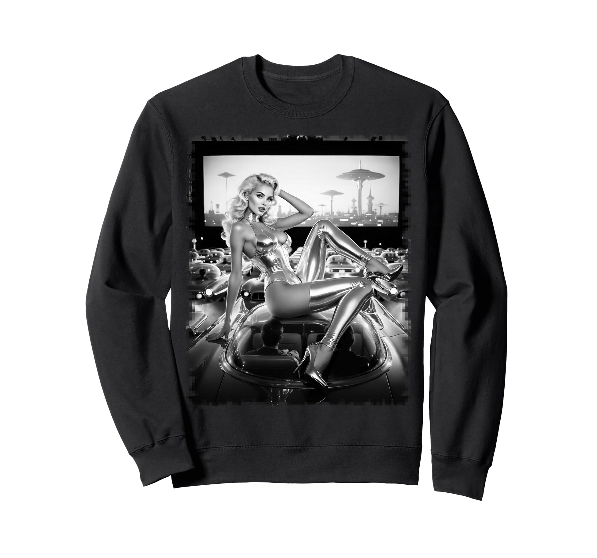 Hot Blonde Bombshell Atomic Pinup Bw Sweatshirt - Graphic Print for Adults - T-Shirt, Sweatshirt, Hoodie