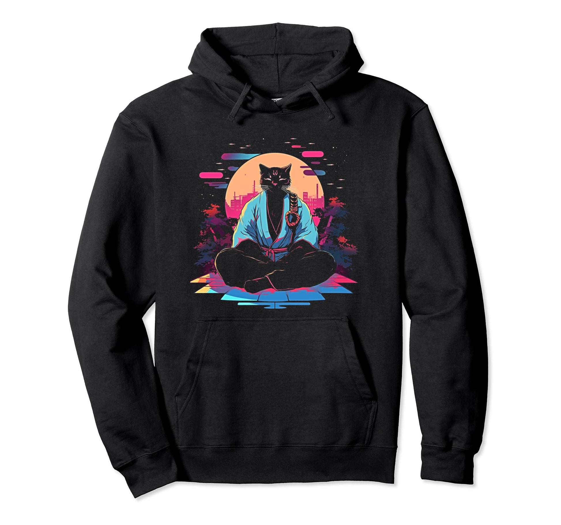 Synthwave Cat Samurai Mediation Hoodie - Fun Novelty Design Unisex - T-Shirt, Sweatshirt, Hoodie