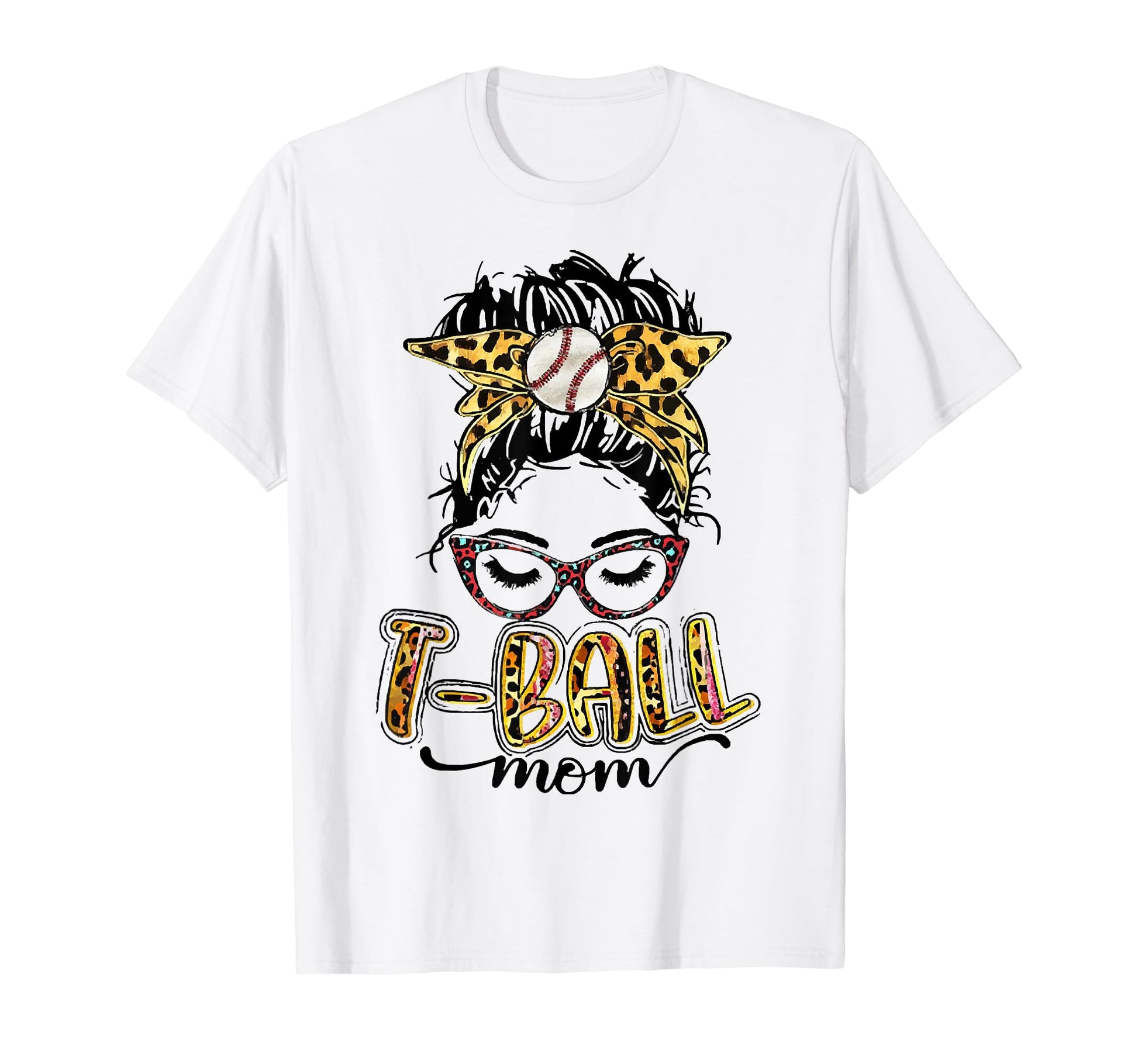 T Ball Mom Messy Bun Leopard Baseball T-Shirt - Custom Art Print Men Women - T-Shirt, Sweatshirt, Hoodie