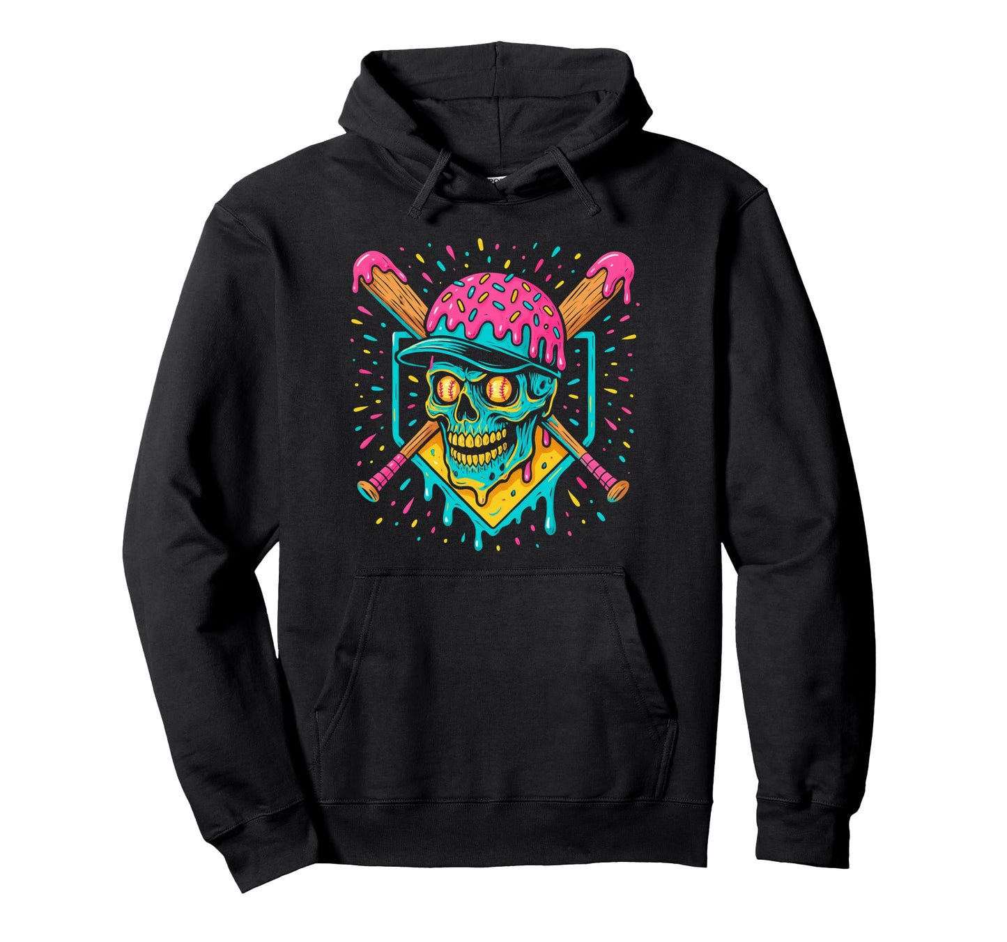 Baseball Home Plate Drip Ice Cream Skull Hoodie - Custom Art Print Unisex - T-Shirt, Sweatshirt, Hoodie