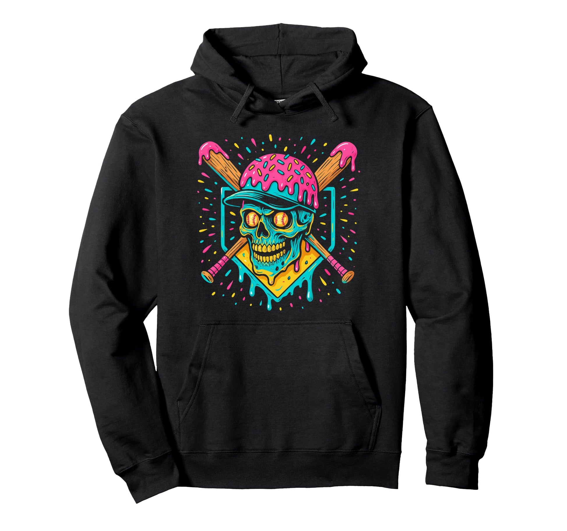 Baseball Home Plate Drip Ice Cream Skull Hoodie - Custom Art Print Unisex - T-Shirt, Sweatshirt, Hoodie