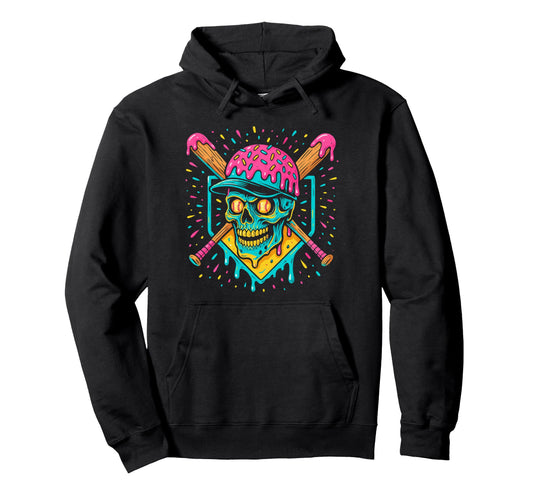 Baseball Home Plate Drip Ice Cream Skull Hoodie - Custom Art Print Unisex - T-Shirt, Sweatshirt, Hoodie