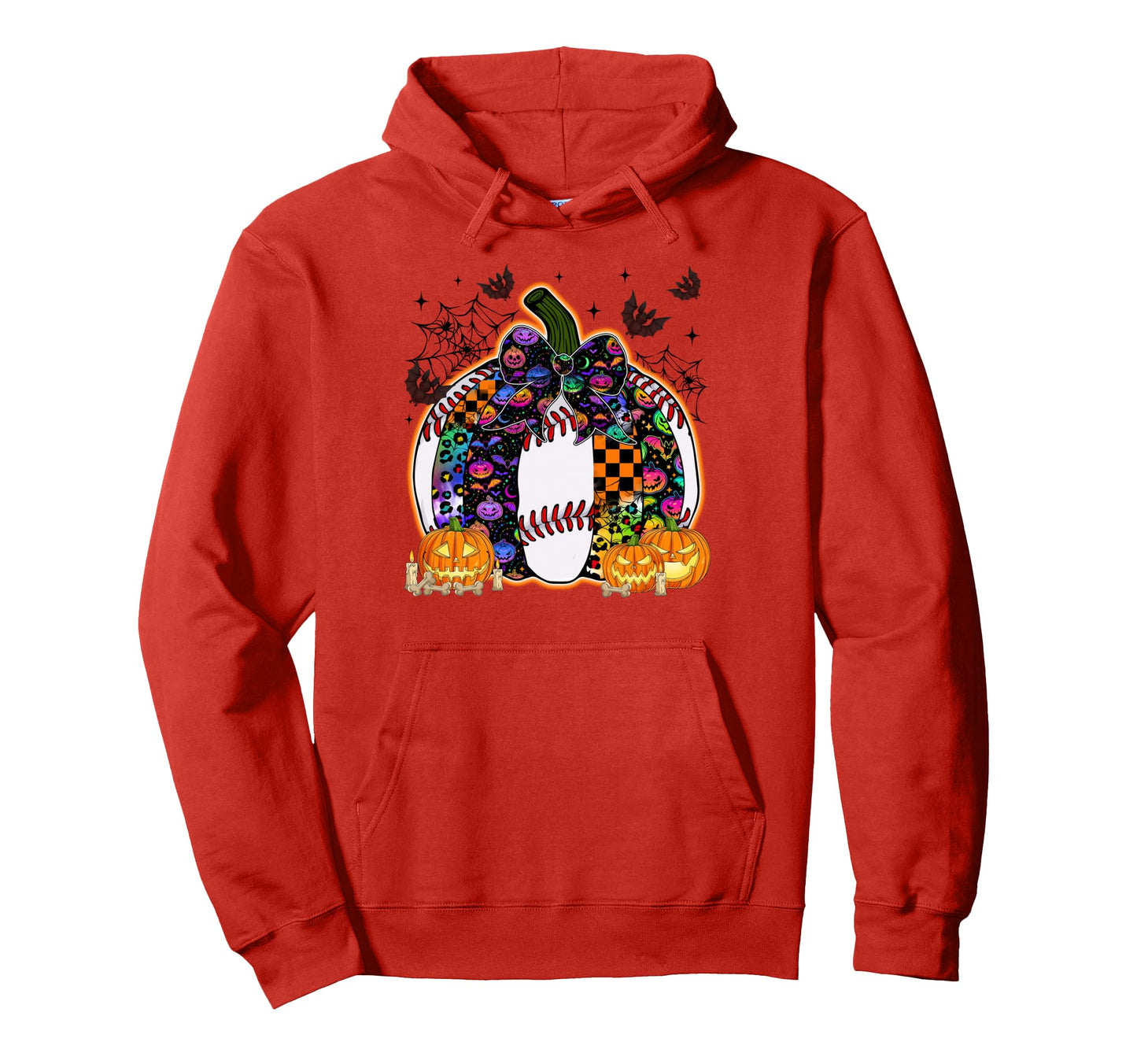 Pumpkin Baseball Bow Happy Halloween Hoodie - Novelty Apparel Men Women - T-Shirt, Sweatshirt, Hoodie