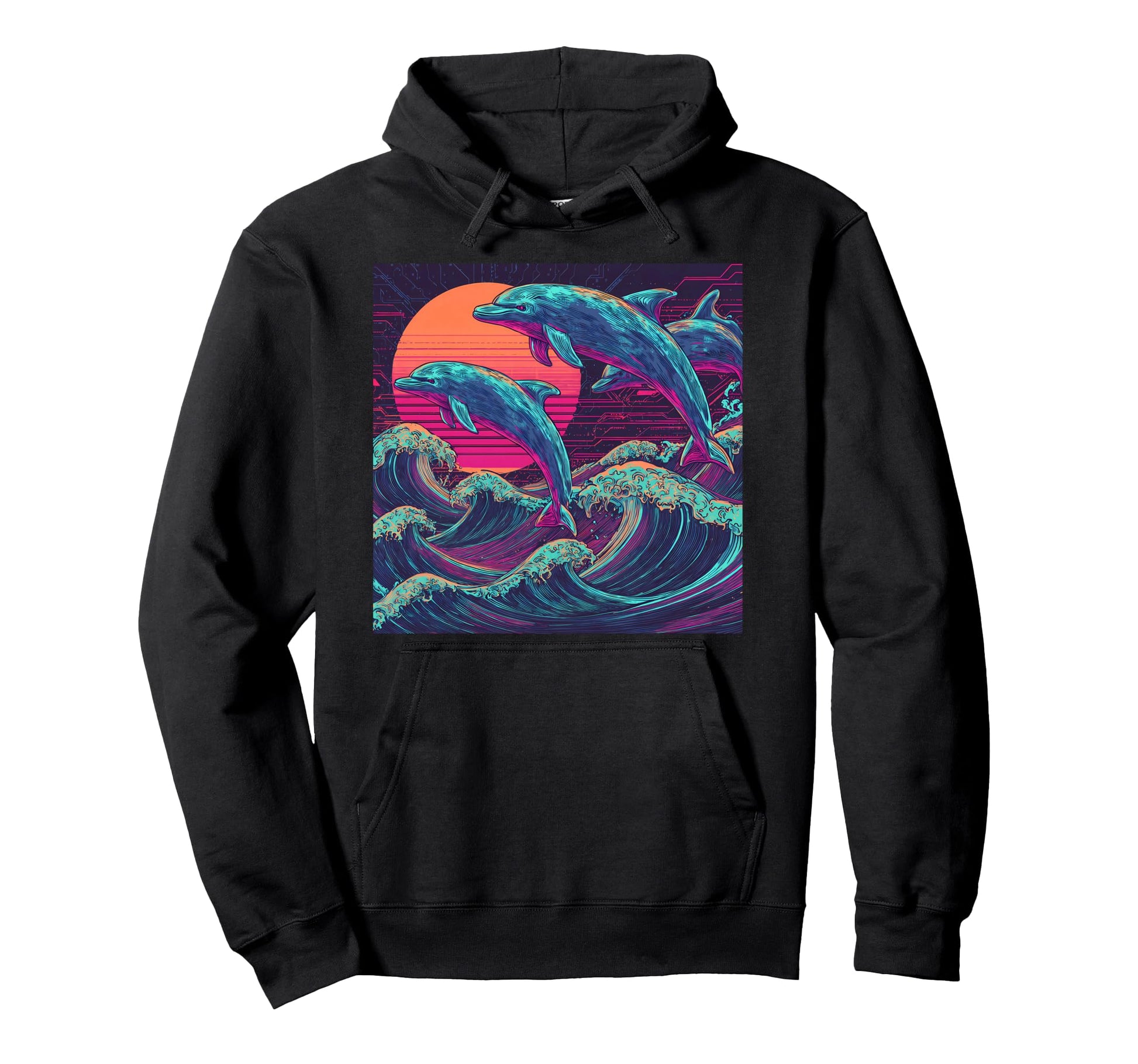 Synthwave Dolphins Jumping Ocean Hoodie - Aesthetic Graphic Men Women - T-Shirt, Sweatshirt, Hoodie
