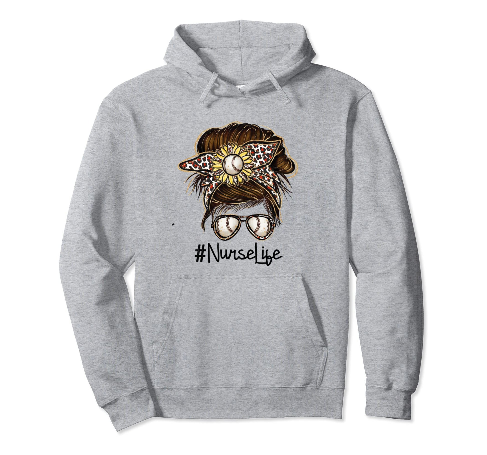 Nurse Life Baseball Leopard Messy Bun Hoodie - Aesthetic Graphic Men Women - T-Shirt, Sweatshirt, Hoodie