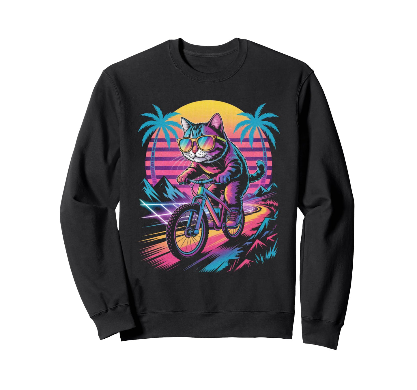 Cat Riding Bicycle Synthwave 80S Sweatshirt - Trendy Graphic Men Women - T-Shirt, Sweatshirt, Hoodie