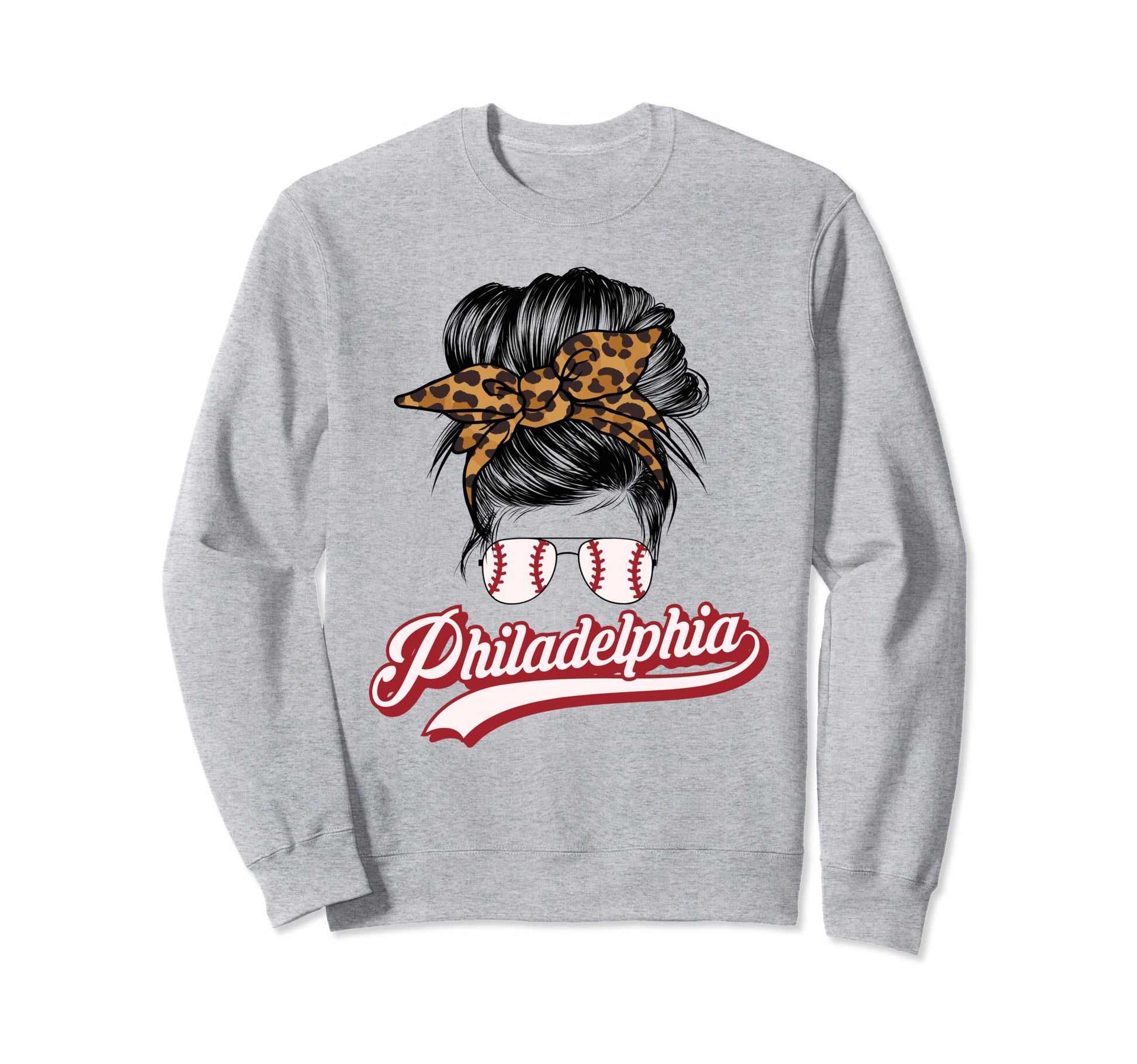 Philly Baseball Leopard Messy Bun Sweatshirt - Trendy Graphic Unisex - T-Shirt, Sweatshirt, Hoodie