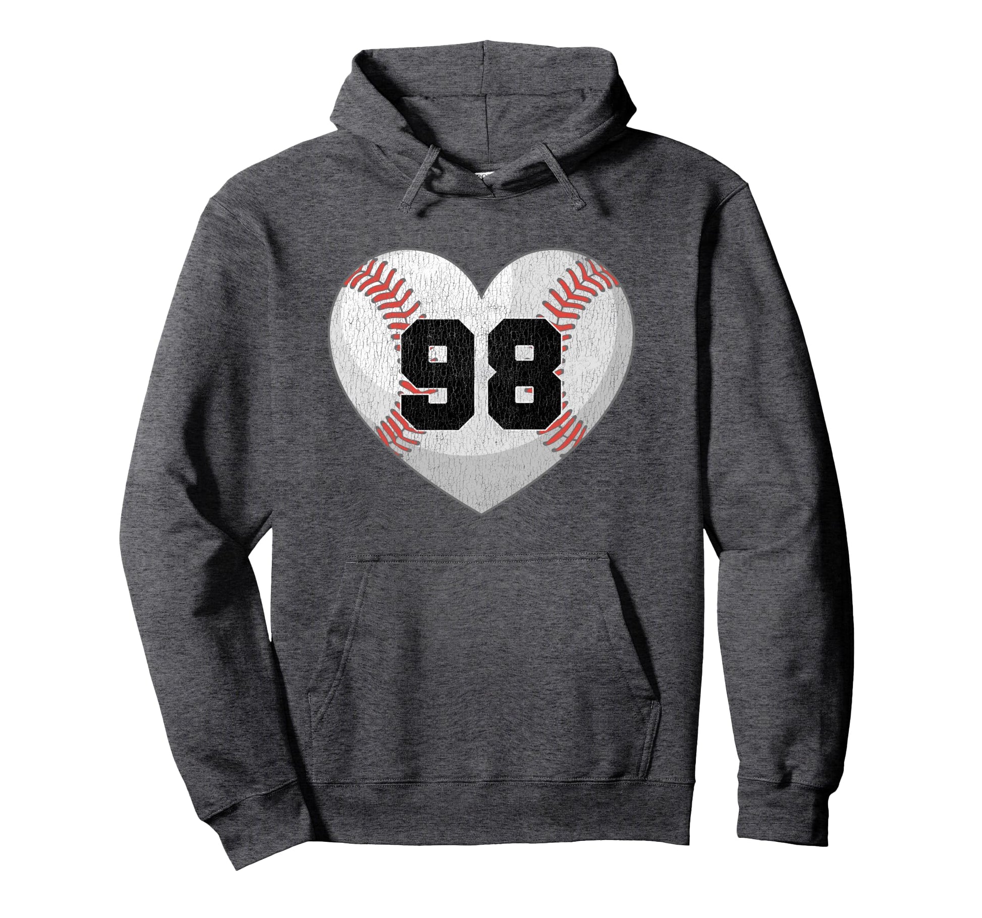 Baseball Number 98 Distressed Heart Hoodie - Trendy Graphic for Adults - T-Shirt, Sweatshirt, Hoodie