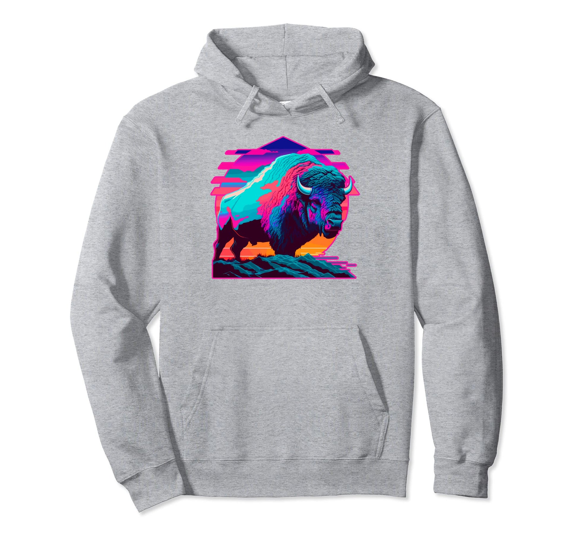 Vaporwave Synthwave Bison American Hoodie - Custom Art Print Men Women - T-Shirt, Sweatshirt, Hoodie
