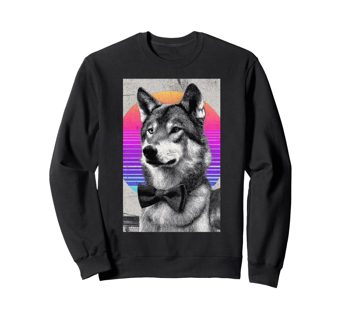 Funny Wolf Bow Tie 80S Synthwave Sweatshirt - Graphic Print Unisex - T-Shirt, Sweatshirt, Hoodie
