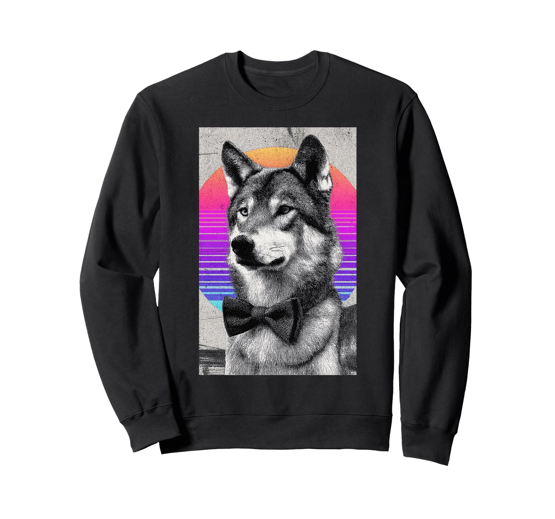 Funny Wolf Bow Tie 80S Synthwave Sweatshirt - Graphic Print Unisex - T-Shirt, Sweatshirt, Hoodie