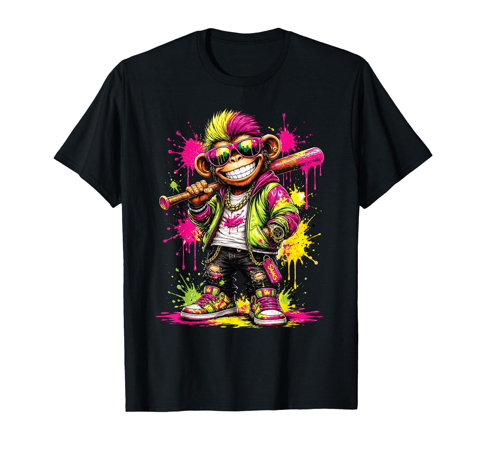 Monkey Baseball Drip Funny Animal T-Shirt - Custom Art Print Men Women - T-Shirt, Sweatshirt, Hoodie