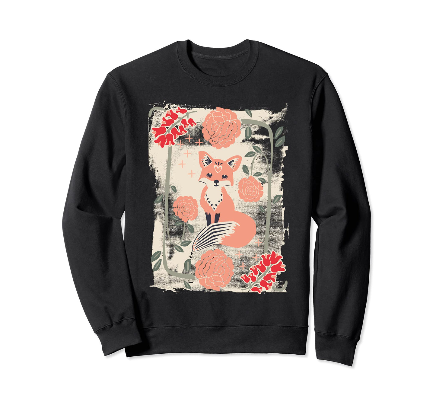 Fox Cub Floral Ornament Folklore Sweatshirt - Fun Novelty Design Men Women - T-Shirt, Sweatshirt, Hoodie