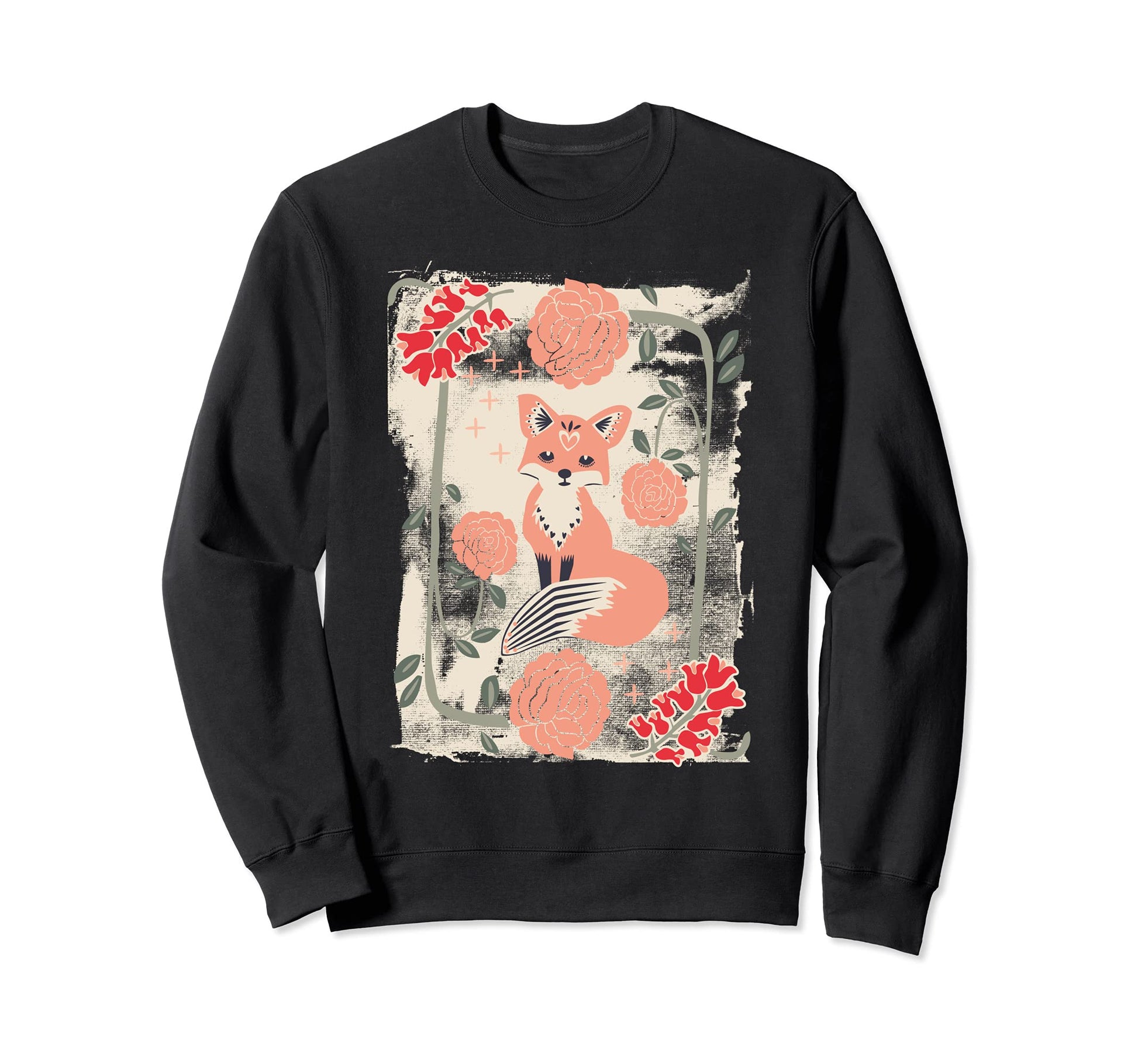Fox Cub Floral Ornament Folklore Sweatshirt - Fun Novelty Design Men Women - T-Shirt, Sweatshirt, Hoodie