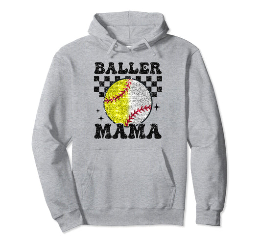 Baller Mama Checkered Proud Softball Hoodie - Unique Graphic for Adults - T-Shirt, Sweatshirt, Hoodie