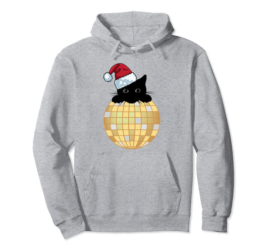 Aesthetic Disco Ball Silver Yellow Black Cat Hoodie - Graphic Print Unisex - T-Shirt, Sweatshirt, Hoodie