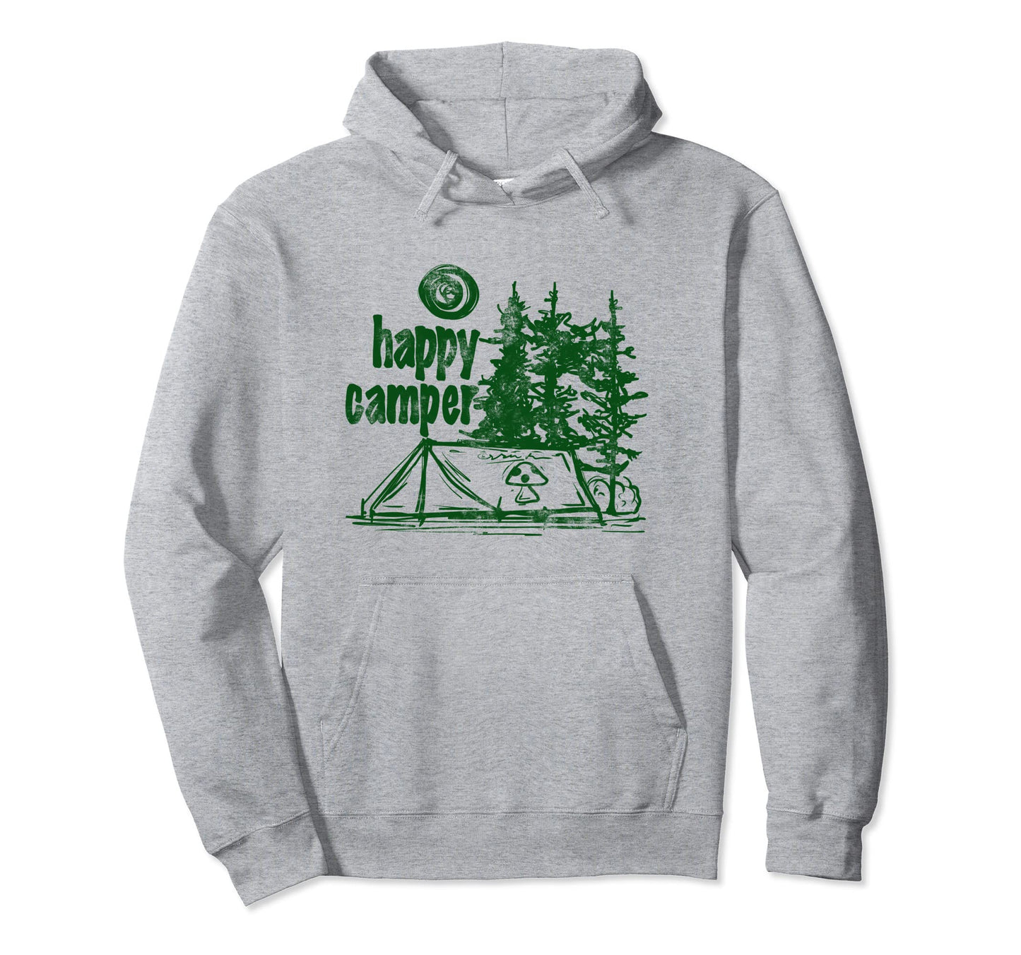 Gorpcore Aesthetic Happy Camper Y2K Olive Hoodie - Graphic Print Unisex - T-Shirt, Sweatshirt, Hoodie