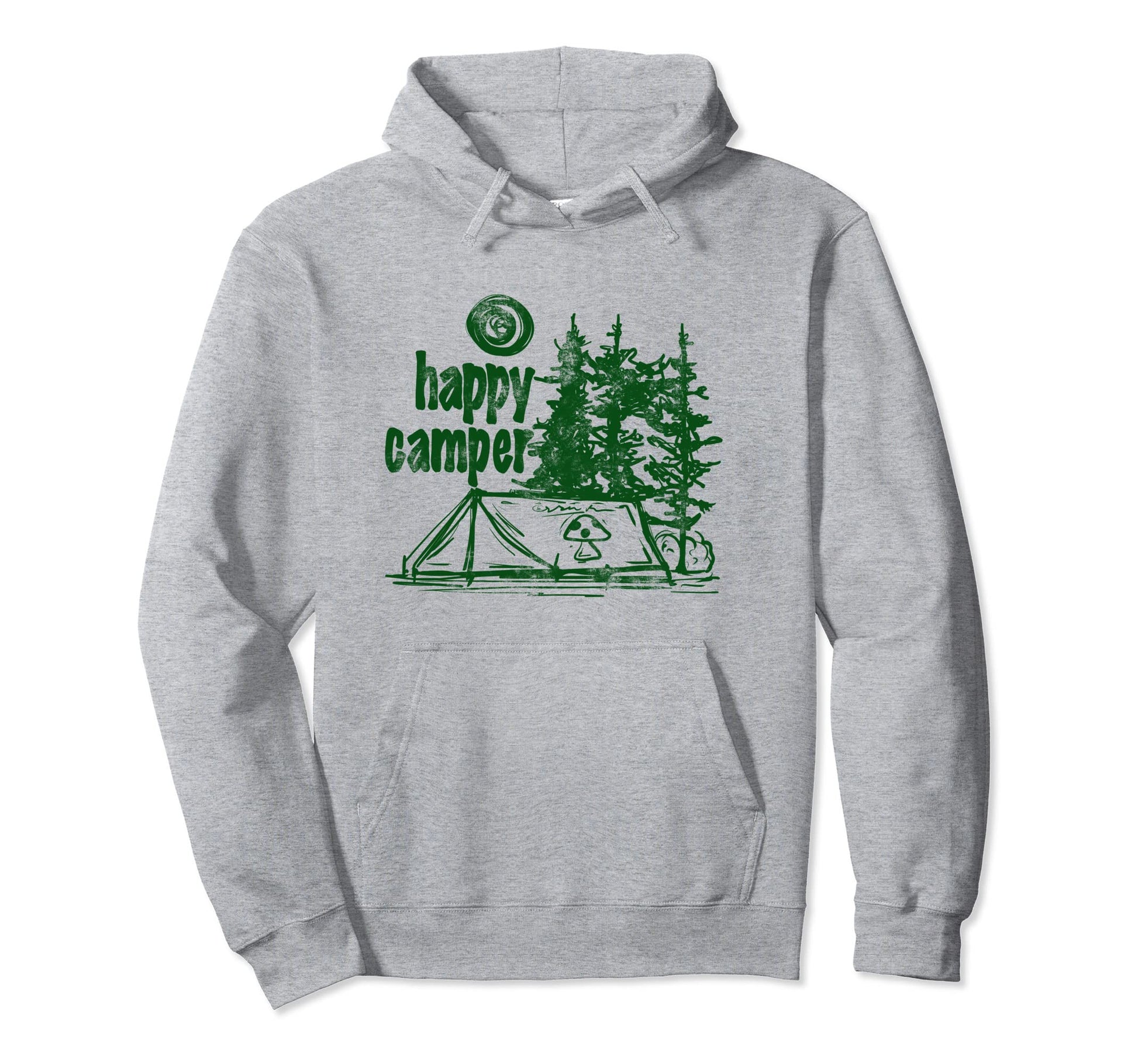 Gorpcore Aesthetic Happy Camper Y2K Olive Hoodie - Graphic Print Unisex - T-Shirt, Sweatshirt, Hoodie