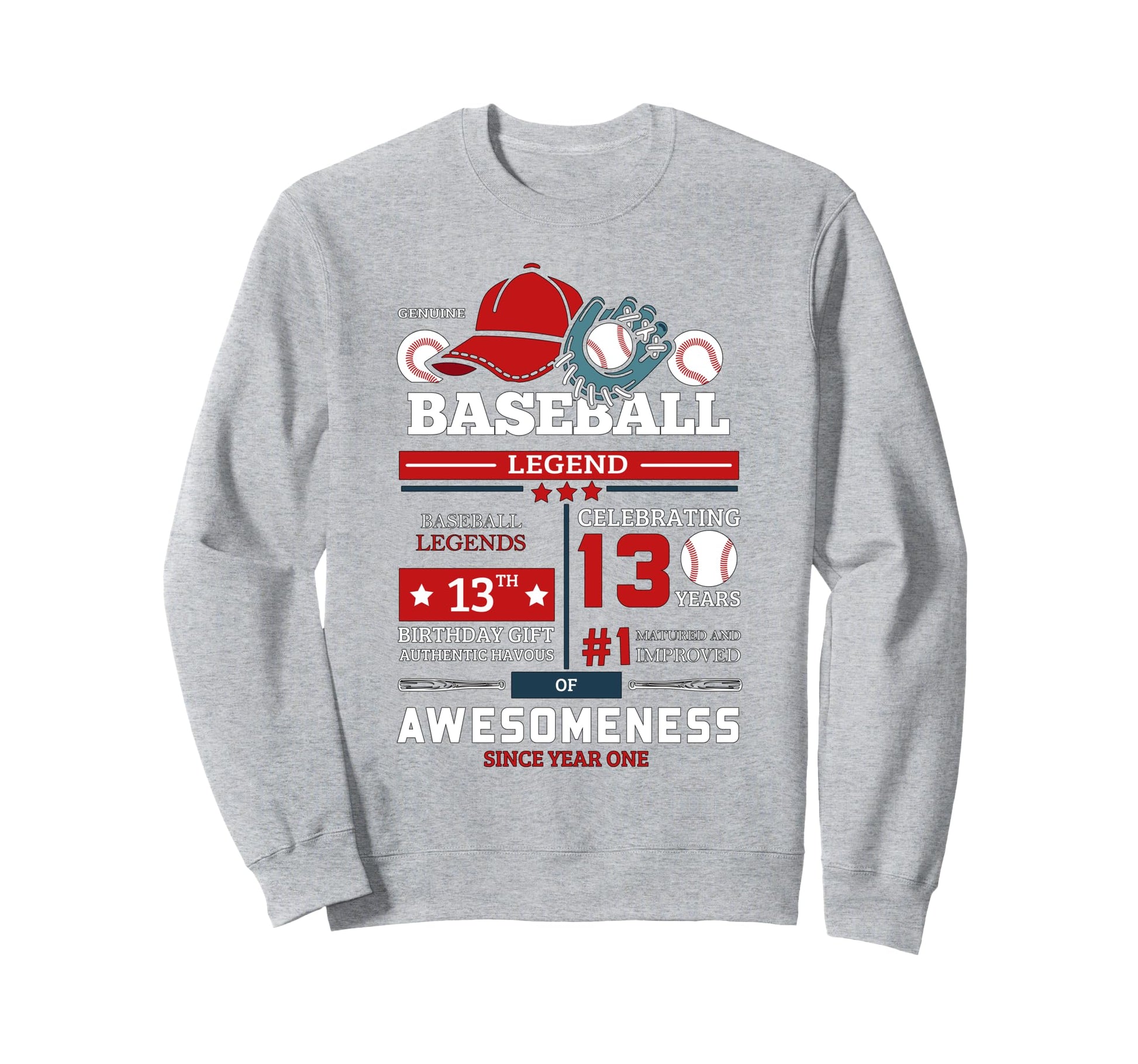 13 Year Old Baseball Birthday Sweatshirt - Aesthetic Graphic for Adults - T-Shirt, Sweatshirt, Hoodie
