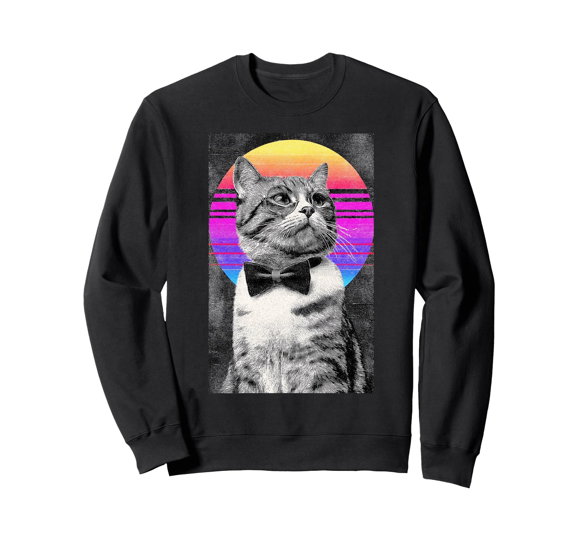 Funny Cat Bow Tie 80S Synthwave Sweatshirt - Unique Graphic Unisex - T-Shirt, Sweatshirt, Hoodie
