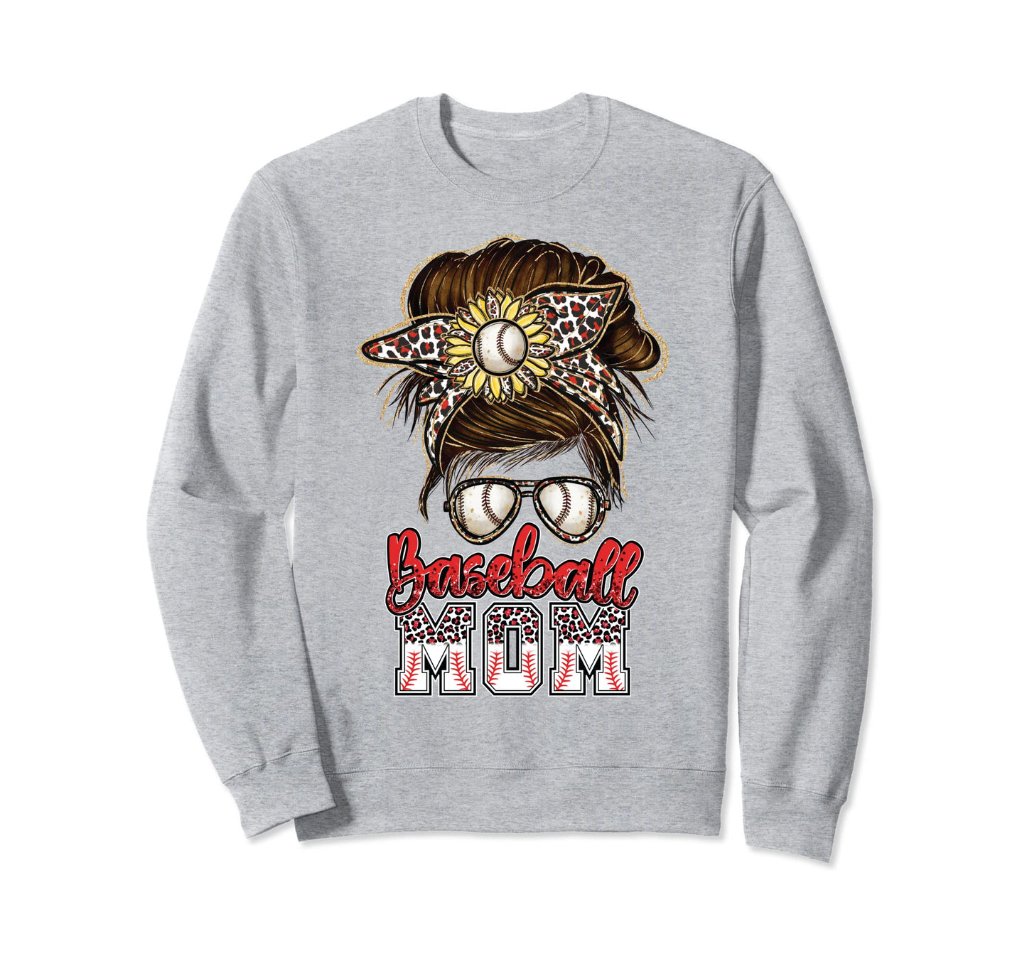 Baseball Mom Messy Bun Leopard Sweatshirt - Custom Art Print for Adults - T-Shirt, Sweatshirt, Hoodie