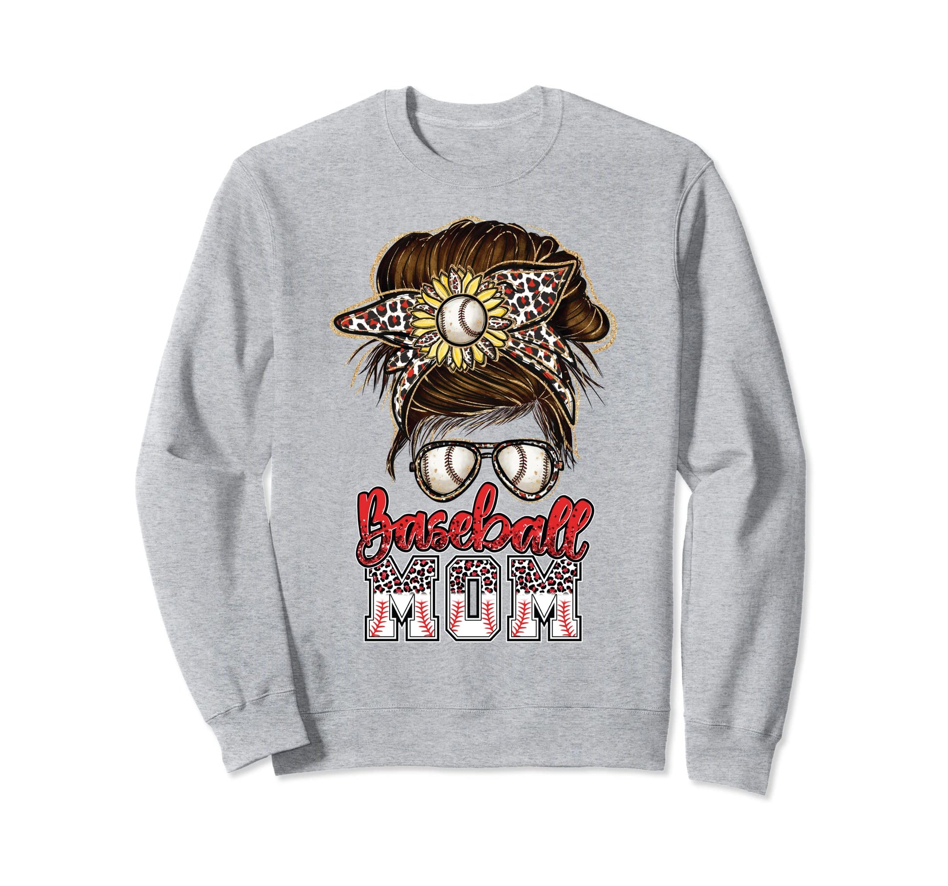 Baseball Mom Messy Bun Leopard Sweatshirt - Custom Art Print for Adults - T-Shirt, Sweatshirt, Hoodie