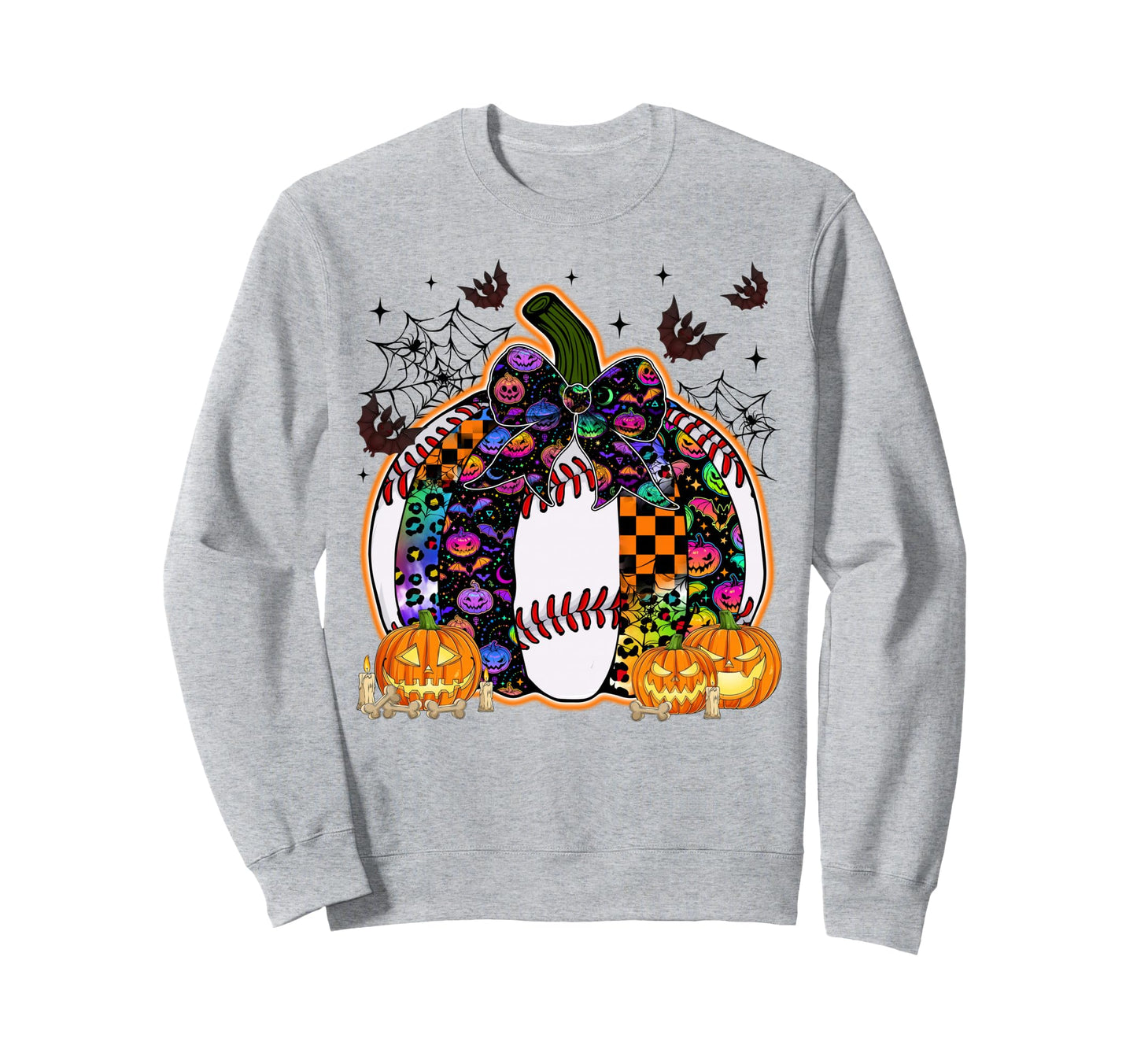 Pumpkin Baseball Bow Happy Sweatshirt - Aesthetic Graphic for Adults - T-Shirt, Sweatshirt, Hoodie