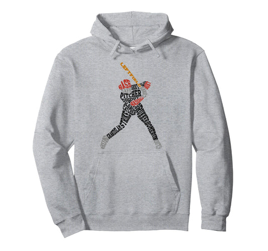 Baseball Fan Word Cloud Batter Baseball Hoodie - Trendy Graphic Men Women - T-Shirt, Sweatshirt, Hoodie