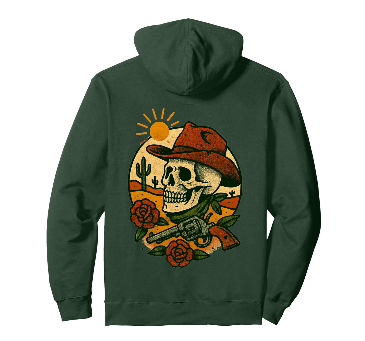 Cowboy Skull Desert Scene Tattoo Flash Art Hoodie - Streetwear Style Unisex - T-Shirt, Sweatshirt, Hoodie