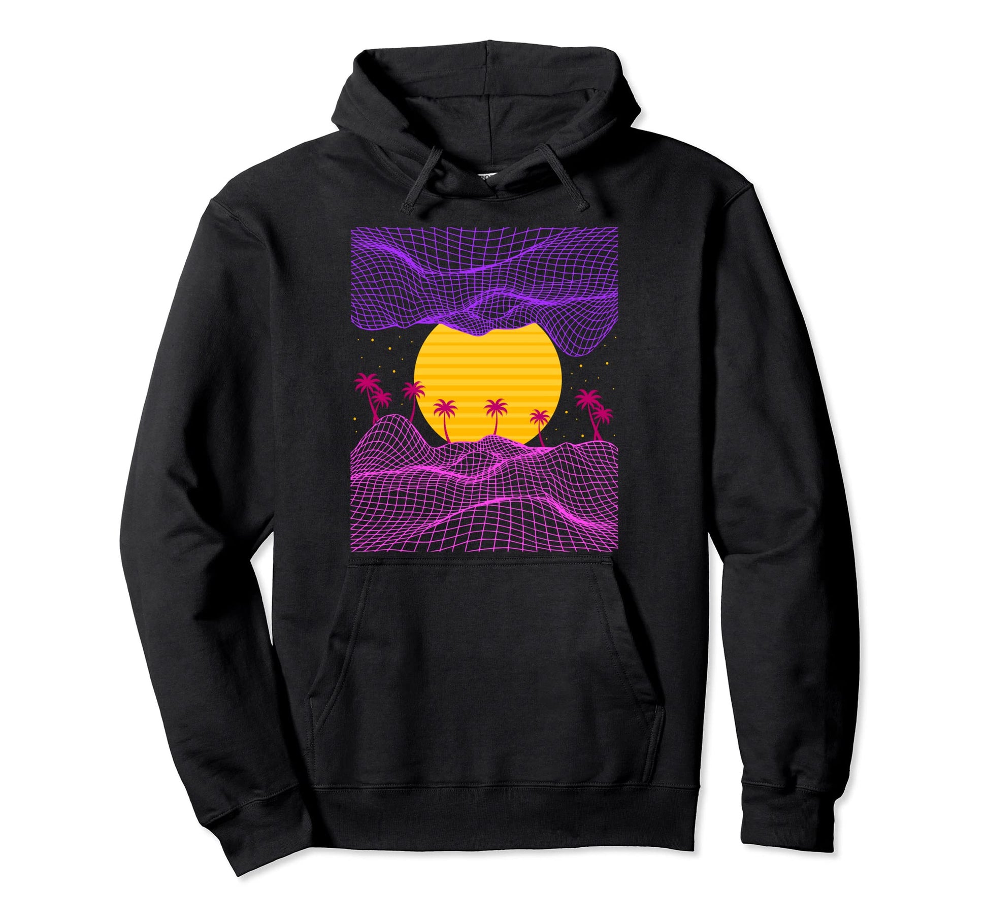 80S Palm Trees Sun Electro Wave Synthwave Hoodie - Unique Graphic Unisex - T-Shirt, Sweatshirt, Hoodie