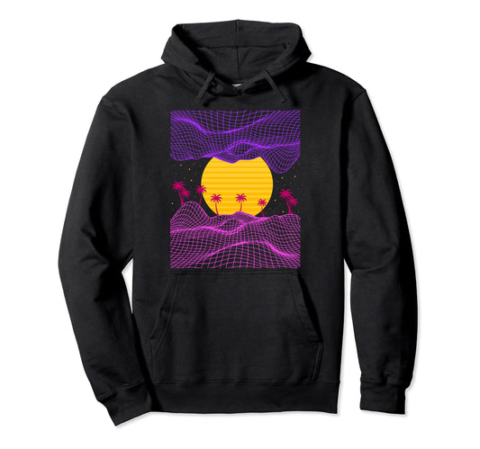 80S Palm Trees Sun Electro Wave Synthwave Hoodie - Unique Graphic Unisex - T-Shirt, Sweatshirt, Hoodie